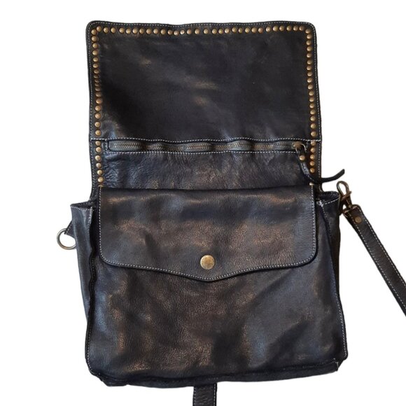 Costanza Rota Black Leather and Brass Stud Crossbody Messenger Flap Bag - Picture 7 of 12